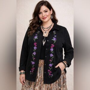 Y2K- boho style- Black embroidered, faux suede big shirt- shacket style